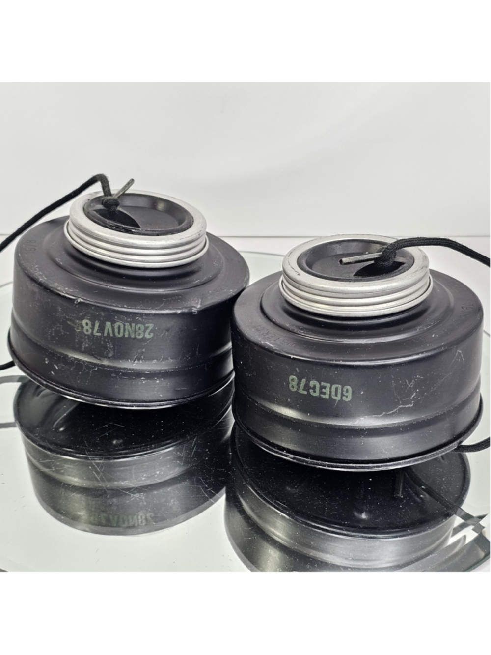 1978 Canadian C1 Gas Mask Filter Canisters Black Metal 2pcs Vintage Military